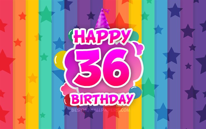 Happy 36th birthday, colorful clouds, 4k, Birthday concept, rainbow background, Happy 36 Years Birthday, creative 3D letters, 36th Birthday, Birthday Party, 36th Birthday Party