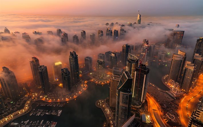 ドバイ, 高層ビル群, アラブ首長国連邦, 霧, 夜