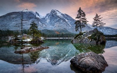 winter, mountains, mountain lake, forest, evening, Bayern, Hintersee, alps