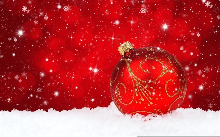 New Year, Christmas, red Christmas ball, snow