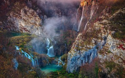 waterfalls, rocks, lake, Plitvice Lakes, National Park, Croatia, mountains