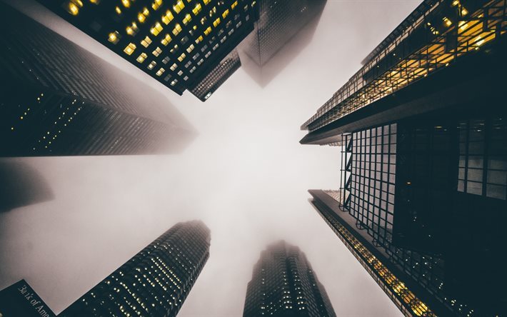 skyscrapers, fog, USA, tall buildings