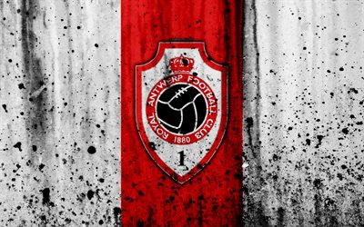 FC Antwerp, 4k, grunge, ESL Pro League, logo, soccer, football club, Belgium, art, Antwerp, stone texture, Antwerp FC