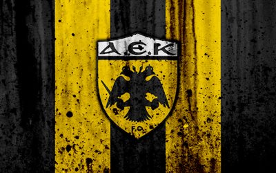 AEK Athens FC, 4k, Greece Super League, grunge, stone texture, AEK logo, emblem, Greek football club, Athens, Greece