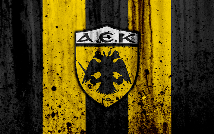 O AEK Athens FC, 4k, Super Liga Da Gr&#233;cia, grunge, textura de pedra, O AEK logotipo, emblema, Grego futebol clube, Atenas, Gr&#233;cia