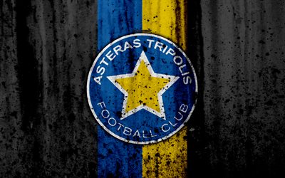 Asteras Tripolis FC, 4K, Yunanistan S&#252;per Lig, grunge taş doku, logo, amblem Asteras, Yunan Futbol Kul&#252;b&#252;, Tripolis, Yunanistan