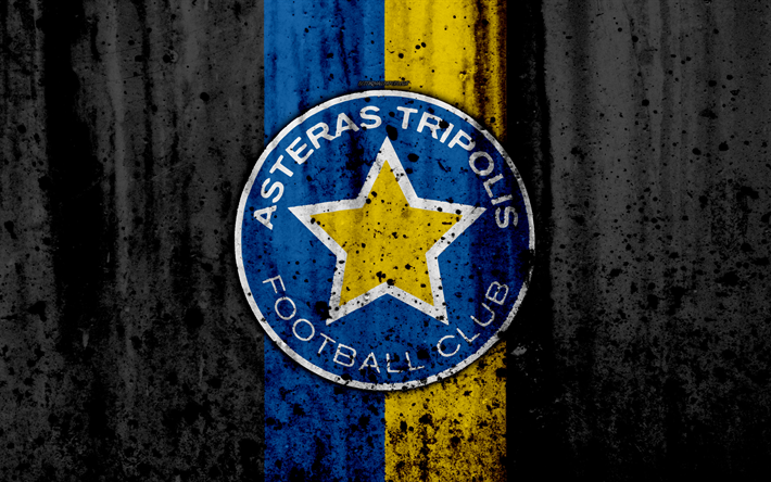 Asteras Tripolis FC, 4K, Greece Super League, grunge, stone texture, logo, Asteras emblem, Greek football club, Tripolis, Greece