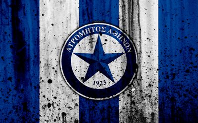 Atromitos FC, 4K, Greece Super League, grunge, stone texture, logo, emblem, Greek football club, Peristerion, Greece, Athens
