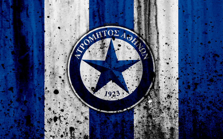 Atromitos FC, 4K, Grecia Super League, grunge, textura de piedra, logotipo, emblema, griego, club de f&#250;tbol, Peristerion, Grecia, Atenas
