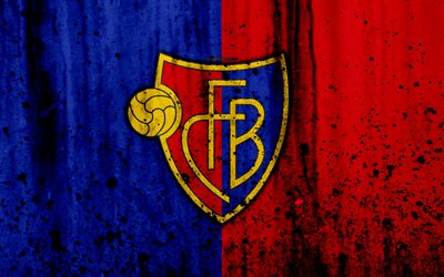 FC Basilea, 4k, logotipo, piedra, textura grunge, de la S&#250;per Liga de Suiza, el f&#250;tbol, el emblema, Basilea, Suiza