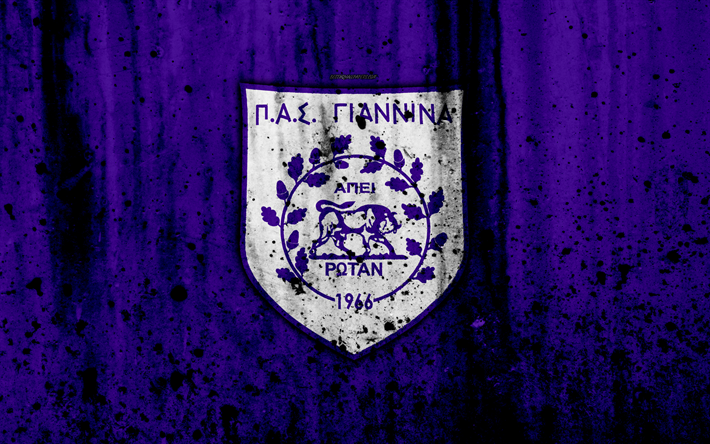 PAS Giannina FC, 4k, Grecia Super League, grunge, textura de piedra, logotipo, emblema, griego, club de f&#250;tbol, Ioannina, Grecia
