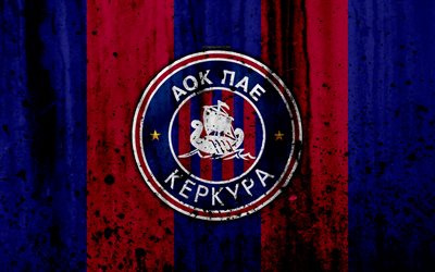 PAE Kerkyra FC, 4K, Greece Super League, grunge, stone texture, Kerkyra logo, emblem, Greek football club, Corfu, Greece