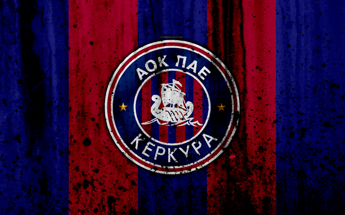 PAE Kerkyra FC, 4K, la Gr&#232;ce Super League, grunge, texture de pierre, Kerkyra logo, l&#39;embl&#232;me, le grec, le club de football, Corfou, Gr&#232;ce