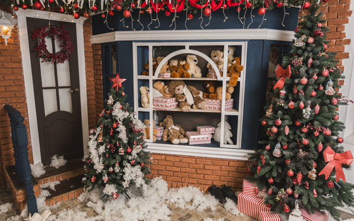 Christmas trees, decorations, New Year, Christmas balls, teddy bears