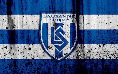 FC Lausanne-Sport, 4K, logo, pietra, texture, grunge, Svizzera Super League, di calcio, emblema, Losanna, Svizzera