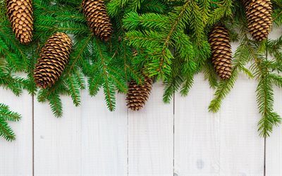 Christmas, New Year, bumps, wooden background, christmas decorations, fir-tree, christmas tree, xmas