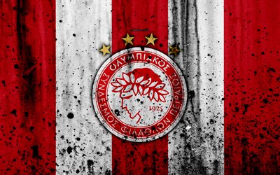 Olympiacos FC, 4K, Greece Super League, grunge, stone texture, Olympiacos logo, emblem, Greek football club, Piraeus, Greece