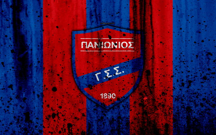 Panionios FC, 4K, Super Liga Da Gr&#233;cia, grunge, textura de pedra, Panionios logo, emblema, Grego futebol clube, Nea Smirni, Gr&#233;cia