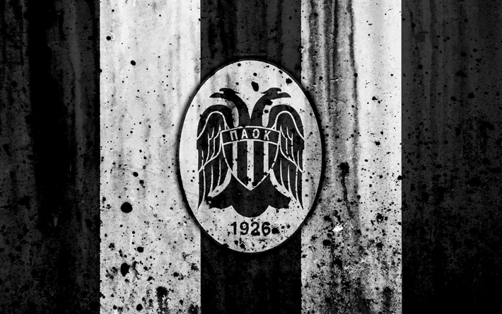 O PAOK FC, 4K, Super Liga Da Gr&#233;cia, grunge, textura de pedra, O PAOK logotipo, emblema, Grego futebol clube, Sal&#243;nica, Gr&#233;cia