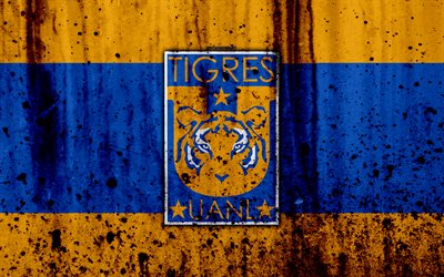 Tigres UANL, 4k, grunge, stone texture, logo, emblem, Primera Division, Mexican football club, Monterrey, Mexico