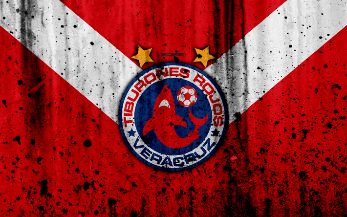 Tiburones Rojos de Veracruz, Veracruz FC, 4k, grunge, stone texture, logo, emblem, Primera Division, Mexican football club, Veracruz, Mexico