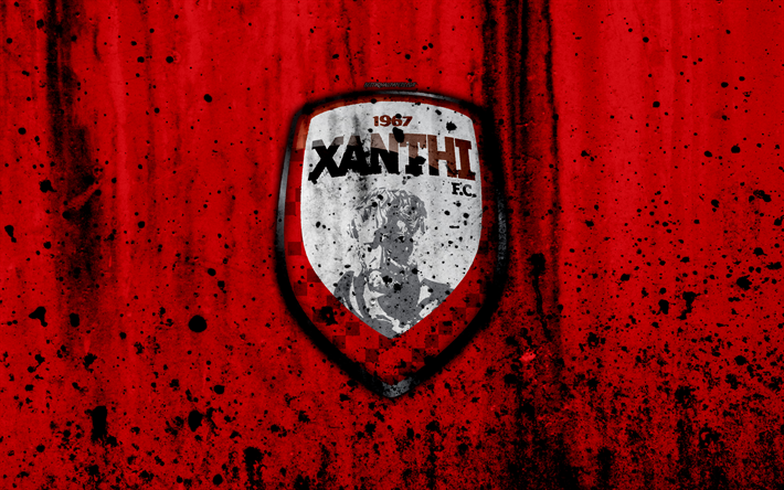 Xanthi FC, 4K, Yunanistan S&#252;per Lig, grunge taş doku, logo, amblem, Yunan Futbol Kul&#252;b&#252;, Xanthi, Greece