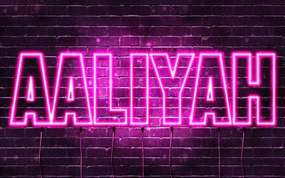 Aaliyah, 4k, wallpapers with names, female names, Aaliyah name, purple neon lights, horizontal text, picture with Aaliyah name