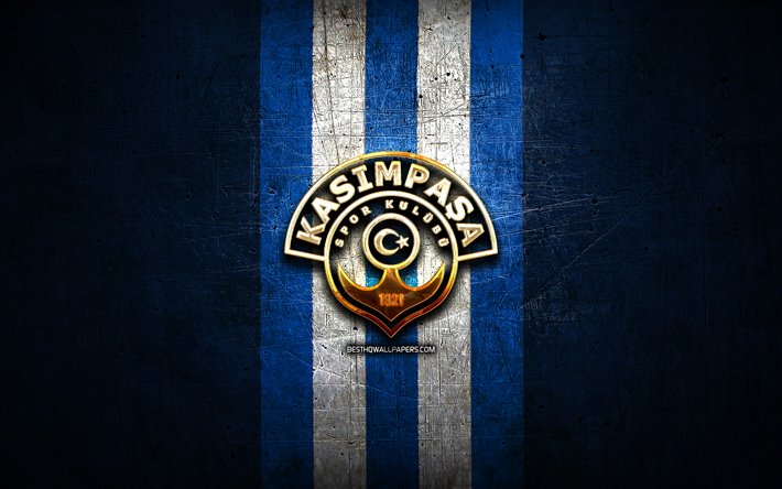 Kasimpasa FC, golden logo, Turkish Super League, blue metal background, football, Kasimpasa SK, Turkish football club, Kasimpasa logo, Super Lig, soccer, Turkey