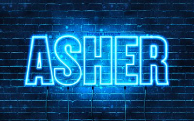 Asher, 4k, wallpapers with names, horizontal text, Asher name, blue neon lights, picture with Asher name