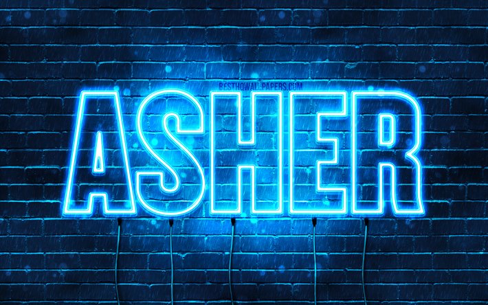 Asher, 4k, sfondi per il desktop con i nomi, il testo orizzontale, Asher nome, neon blu, immagine con nome Asher