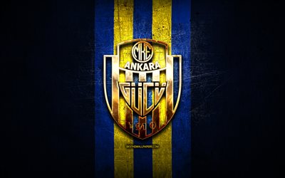 Ankaragucu FC, golden logotyp, Turkiska Super League, bl&#229; metall bakgrund, fotboll, DANMARK Ankaragucu, Turkish football club, Ankaragucu logotyp, Super Lig!, Turkiet