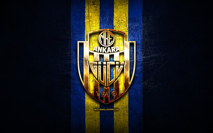 Ankaragucu FC, golden logo, Turkish Super League, blue metal background, football, MKE Ankaragucu, Turkish football club, Ankaragucu logo, Super Lig, soccer, Turkey
