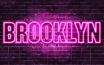 Brooklyn, 4k, pap&#233;is de parede com os nomes de, nomes femininos, Brooklyn nome, roxo luzes de neon, texto horizontal, imagem com nome do Brooklyn