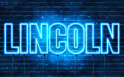 Lincoln, 4k, wallpapers with names, horizontal text, Lincoln name, blue neon lights, picture with Lincoln name