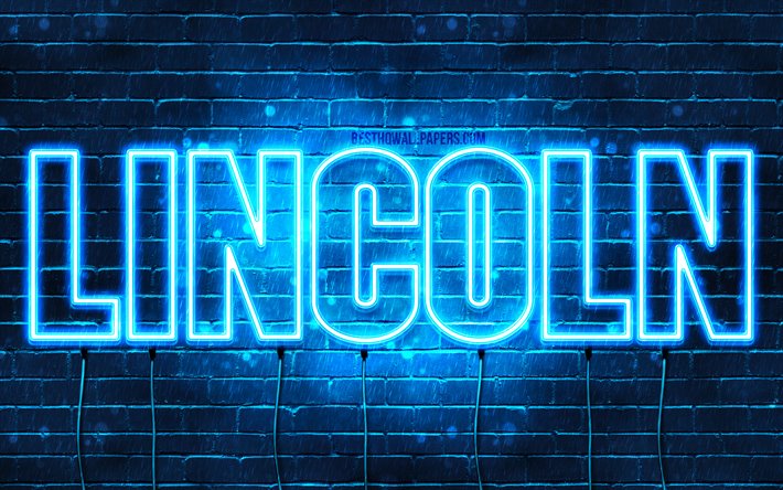 Lincoln, 4k, taustakuvia nimet, vaakasuuntainen teksti, Lincoln nimi, blue neon valot, kuva Lincoln nimi