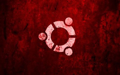 ubuntu, red logo, red stone background, linux, creative, grunge, ubuntu stone-logo, artwork, ubuntu logo