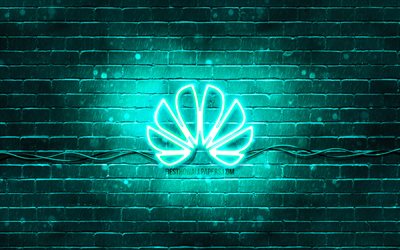 Huawei turkos logo, 4k, turkos brickwall, Huawei logotyp, varum&#228;rken, Huawei neon logotyp, Huawei
