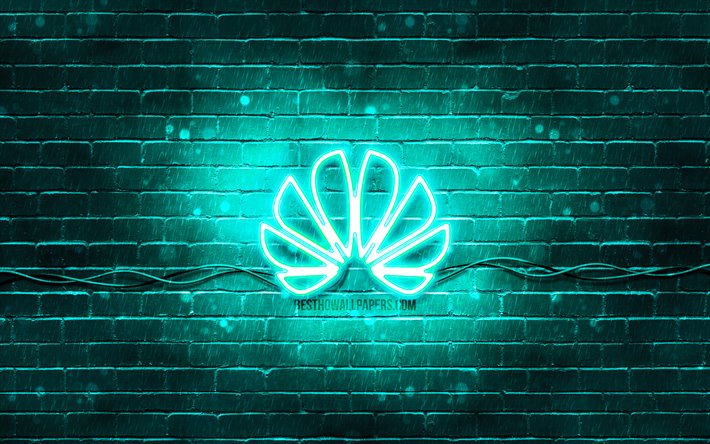 Huawei turquesa logotipo, 4k, turquesa brickwall, Huawei logotipo, marcas, Huawei neon logotipo, Huawei