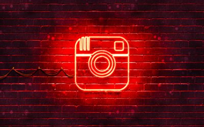 Instagram الشعار الأحمر, 4k, الأحمر brickwall, Instagram شعار, العلامات التجارية, Instagram النيون شعار, Instagram