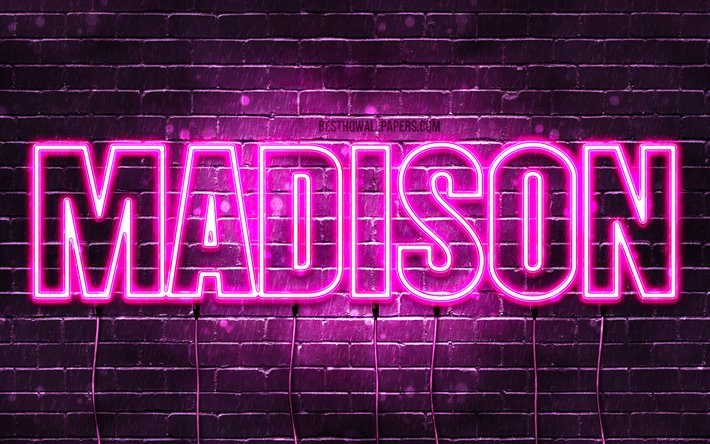 Madison, 4k, pap&#233;is de parede com os nomes de, nomes femininos, Madison nome, roxo luzes de neon, texto horizontal, imagem com nome de Madison