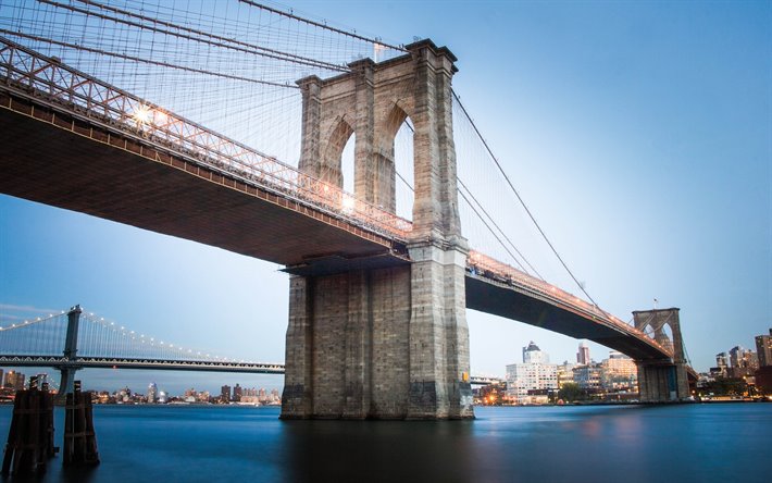 Ponte Do Brooklyn, Nova York, ponte p&#234;nsil, East River, Brooklyn, Manhattan, marco, Nova York paisagem urbana, EUA