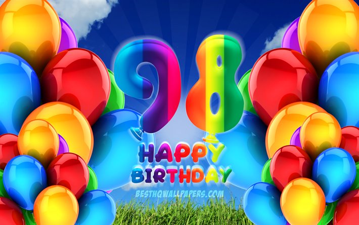 4k, 嬉しい98年に誕生日, 曇天の背景, 誕生パーティー, カラフルなballons, 嬉しい98歳の誕生日, 作品, 98歳の誕生日, 誕生日プ, 98誕生パーティー