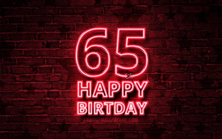 嬉しい65歳の誕生日, 4k, 紫色のネオンテキスト, 65誕生パーティー, 紫brickwall, 嬉しいから65歳の誕生日, 誕生日プ, 誕生パーティー, 65歳の誕生日