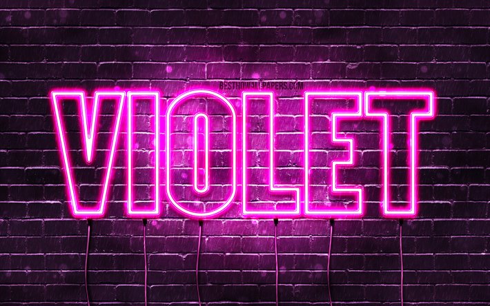 Violett, 4k, tapeter med namn, kvinnliga namn, Violett namn, lila neon lights, &#246;vergripande text, bild med Violett namn
