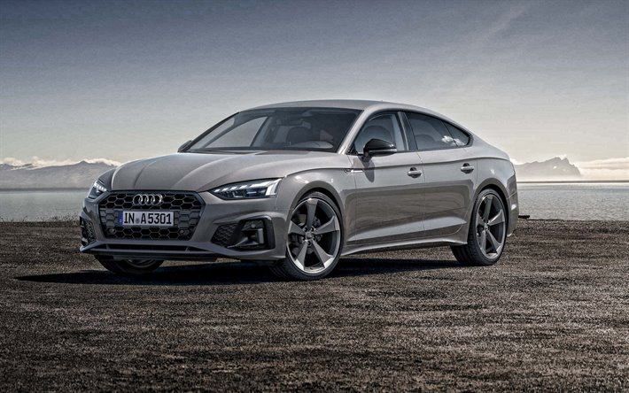 Audi А5 Sportback, 2020, front view, gray coupe, exterior, new gray А5 Sportback, german cars, Audi
