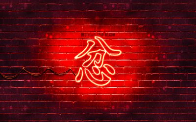 怒りの漢字hieroglyph, 4k, ネオンの日本hieroglyphs, 漢字, 日本のシンボルの怒り, 赤brickwall, 怒りの日本語文字, 赤いネオン記号, 怒りの日本のシンボル