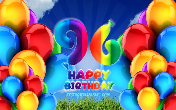 4k, Happy 96 Years Birthday, cloudy sky background, Birthday Party, colorful ballons, Happy 96th birthday, artwork, 96th Birthday, Birthday concept, 96th Birthday Party