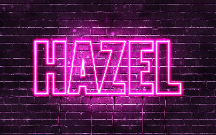 Hazel, 4k, wallpapers with names, female names, Hazel name, purple neon lights, horizontal text, picture with Hazel name