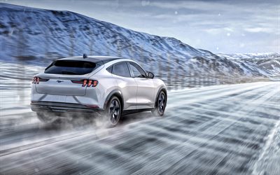 2021, Ford Mustang Mach E, exterior, rear view, electric SUV, Mustang crossover, new white Mustang Mach E, american cars, winter driving concepts, Ford