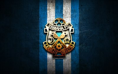 Jubilo Iwata FC, golden logo, J1 League, blue metal background, football, Jubilo Iwata, japanese football club, Jubilo Iwata logo, J-League, soccer, Japan